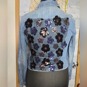 Sequin Floral Embellished Denim Jean Jacket - Blue